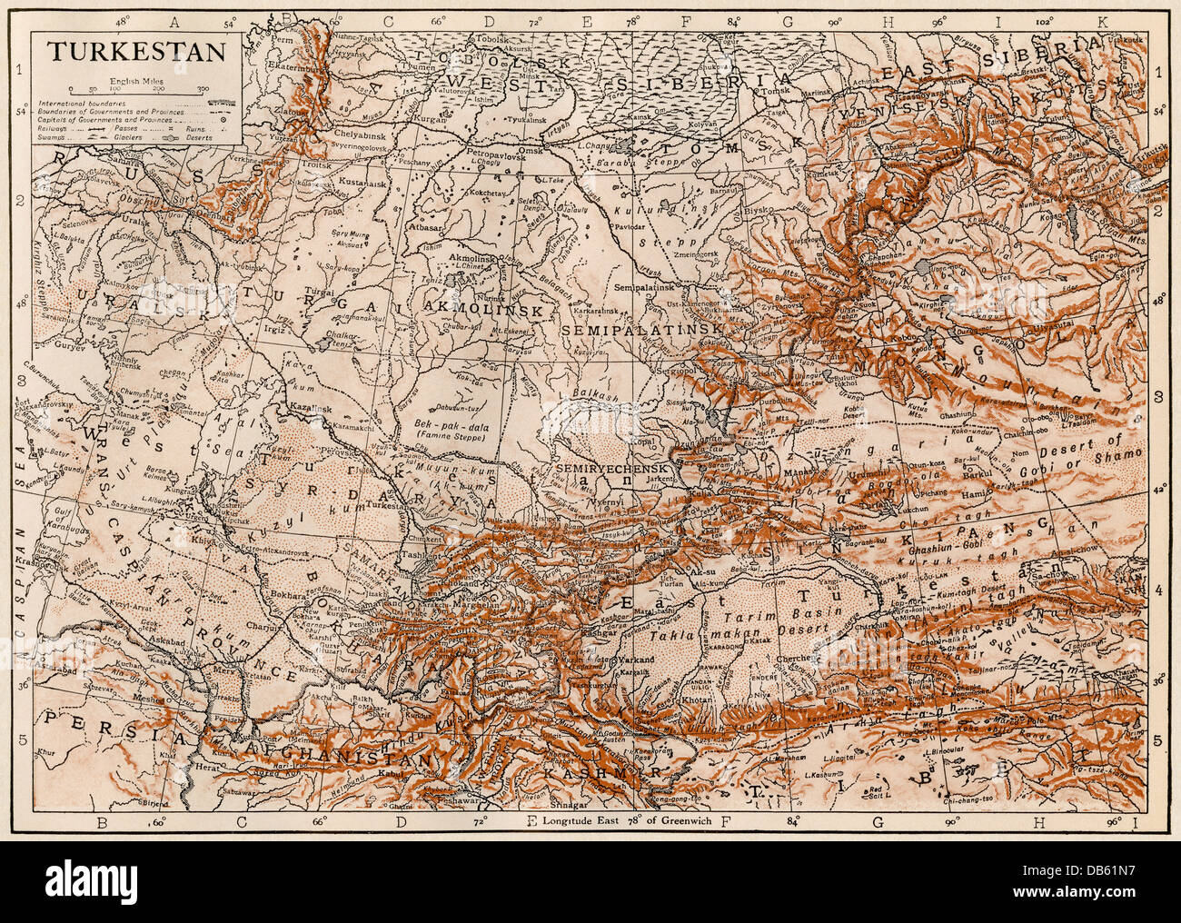 Karte von Turkestan region, 1870. Farblithographie Stockfoto