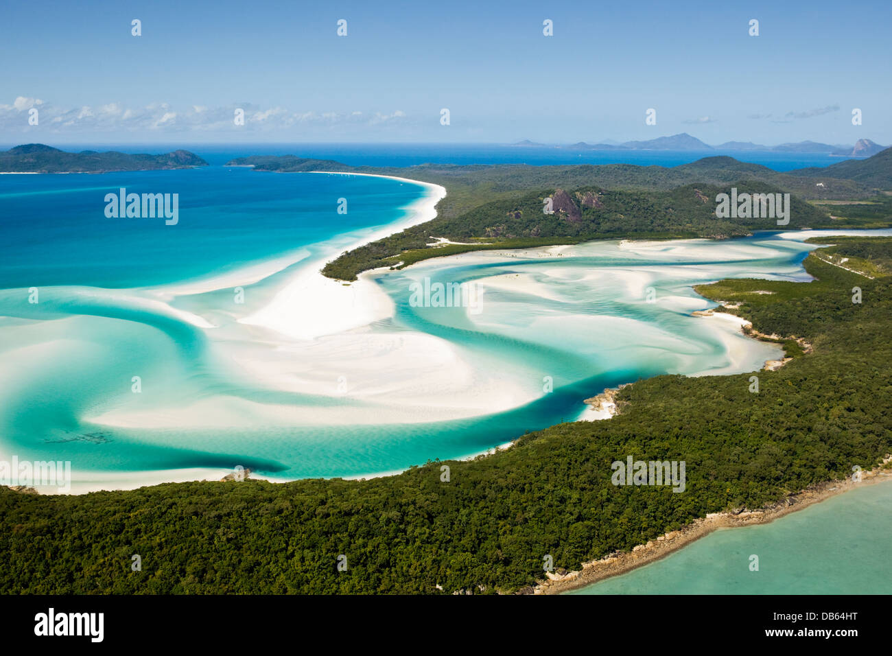 Luftaufnahme von Tongue Point, Hill Inlet und Whitehaven Beach. Whitsunday Island, Whitsundays, Queensland, Australien Stockfoto