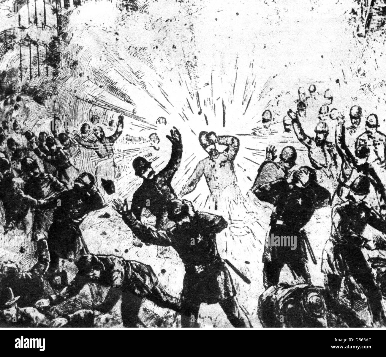 Ereignisse, Haymarket Riot, 1886. Mai, eine Bombe explodiert in der Polizeilinie auf Haymarket Square, 4.5.1886, Streik, Streik, Aufruhr, Unruhen, Gewerkschaft, Gewerkschaft, Gewerkschaft, Gewerkschaften, Gewerkschaften, Gewerkschaften, Gewerkschaftsbewegung, Gewerkschaftsbewegung, Affäre, Massaker, Demonstration, Demo, Demonstrationen, Demos, Demonstranten, Demonstrator, 19. Jahrhundert, Gewalt, Explosion, Explosionen, USA, Vereinigte Staaten von Amerika, historisch, historisch, Blast, Chicago, Menschen, zusätzliche-Rechte-Clearences-nicht verfügbar Stockfoto