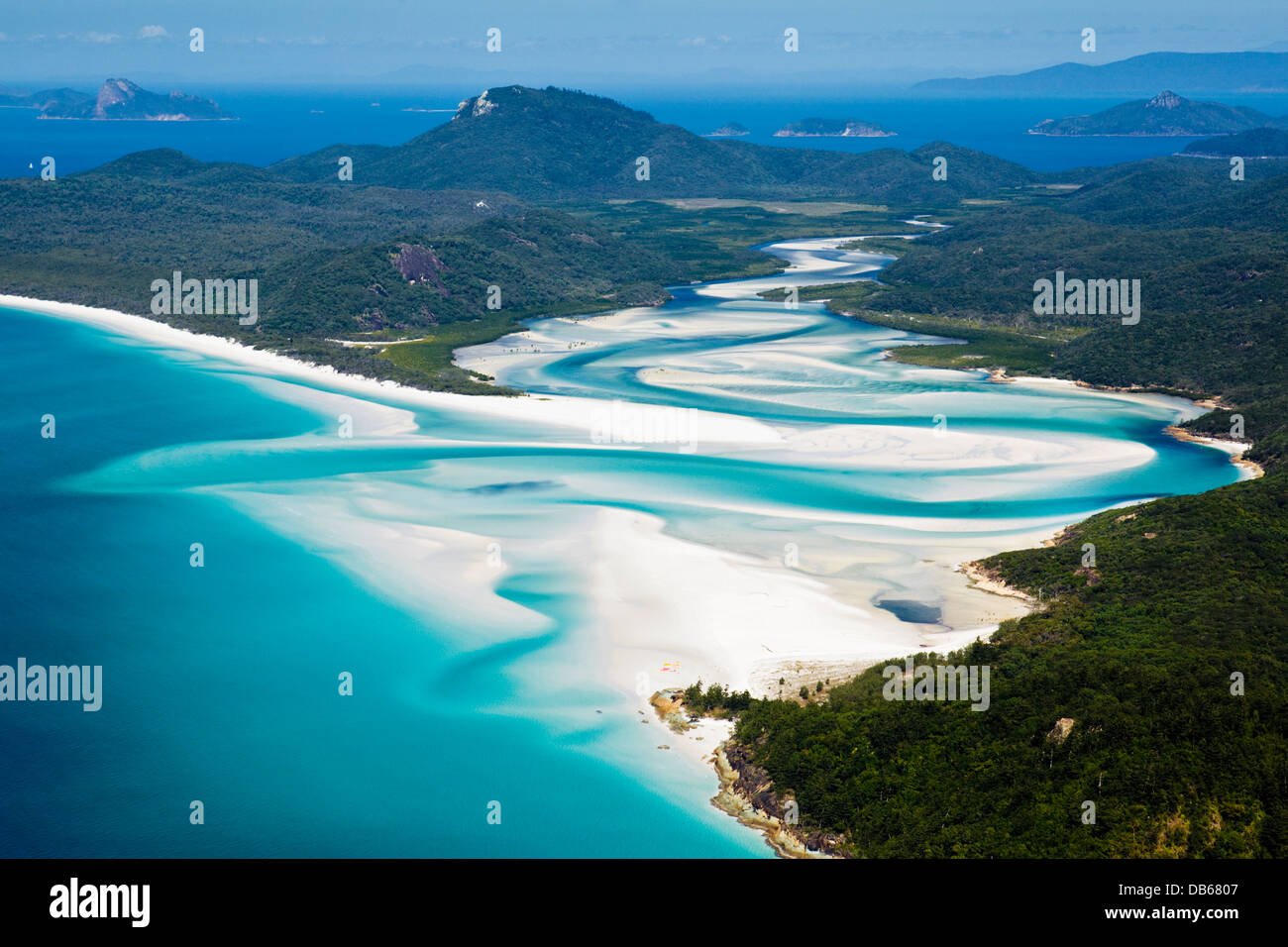 Luftbild von Hill Inlet und Whitehaven Beach. Whitsunday Island, Whitsundays, Queensland, Australien Stockfoto