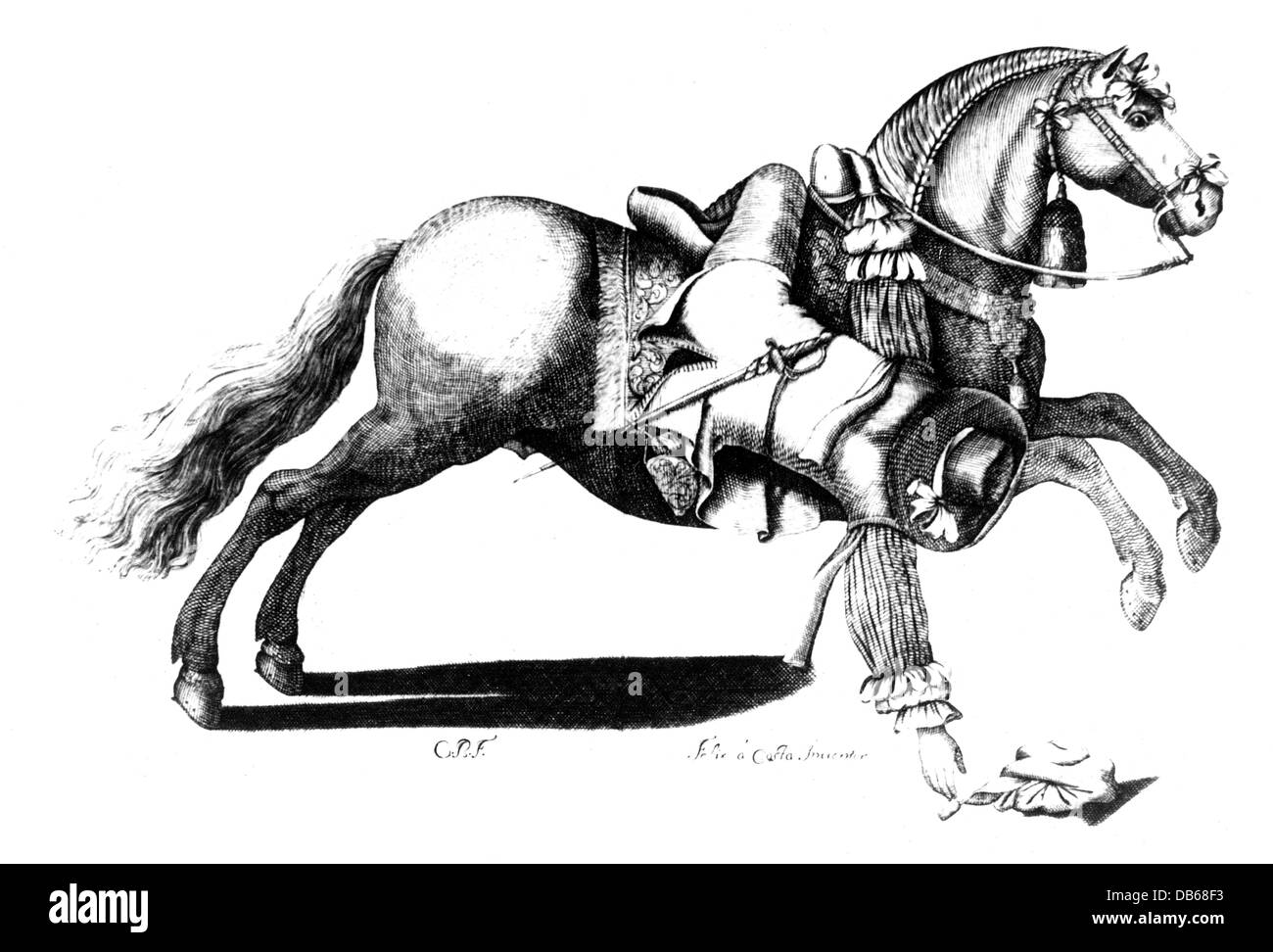 Militär, Kavallerie, Fähigkeit zu Pferd, Reiter herauf ein Stück Stoff, Kupferstich, von "Arte da Cavalleria', von Antonio Galvao, Lisboa 1678, Artist's Urheberrecht nicht geklärt zu werden. Stockfoto