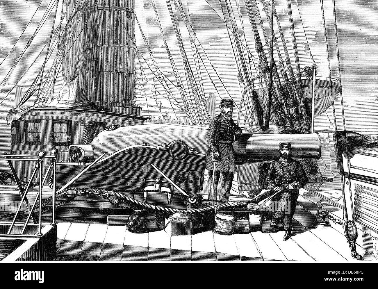 Militär, Artillerie, schwere Waffe an Bord des nordamerikanischen Kriegsschiffs USS 'Kearsarge', Holzstich, 1864, Zusatzrechte-Freimachungen-nicht vorhanden Stockfoto