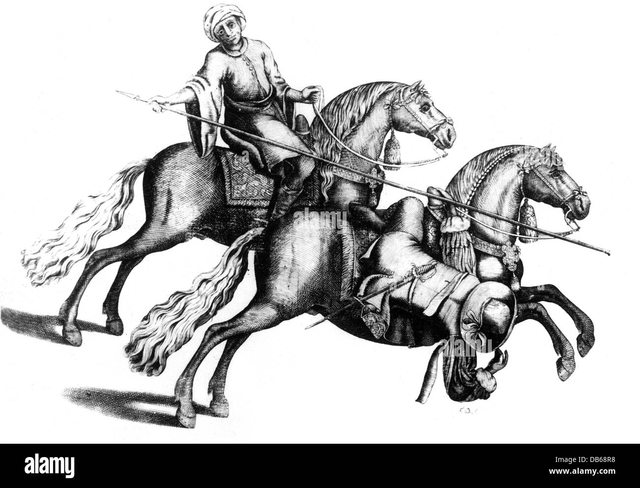 Militär, Kavallerie, Fähigkeit zu Pferd, Reiter Vermeidung einer Lanze Schub, Kupferstich, von "Arte da Cavalleria', von Antonio Galvao, Lisboa 1678, Artist's Urheberrecht nicht geklärt zu werden. Stockfoto