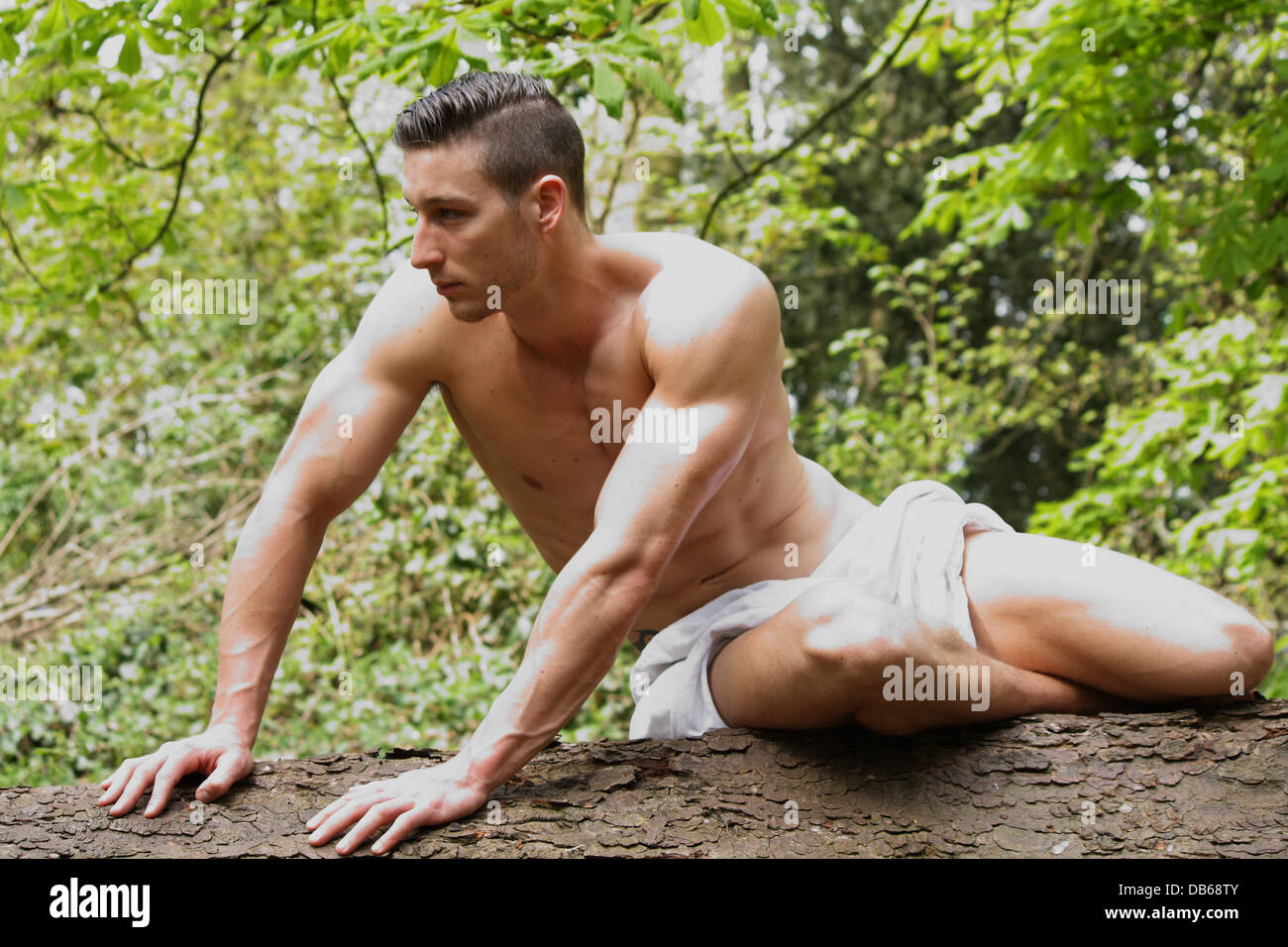 Ein männliches Modell sitzen auf einem Baumstamm. Stockfoto