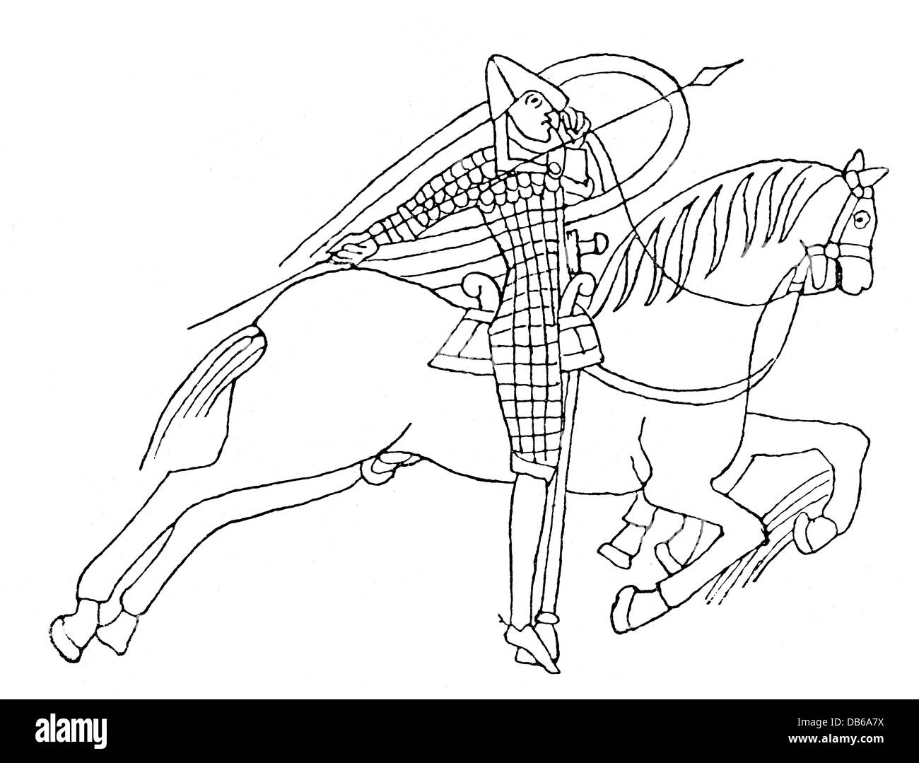 Militär, Normannen, normannischer Krieger aus dem 11. Jahrhundert, Holzstich, 19. Jahrhundert, Germanen, Germanen, Germanen, Germanen, Germanen, Nordische Wikinger, Krieger, Krieger, Soldaten, Soldat, Reiter, Reiter, Reiter, Kavalleristen, Kavalleristen, Ritter, Ritter, Pferd, Pferde, Schild, Schilde, Lanze, Lanzen, Speer, Speere, Mittelalter, Mittelalter, Mittelalter, historisch, Additional-Clearences nicht verfügbar Stockfoto