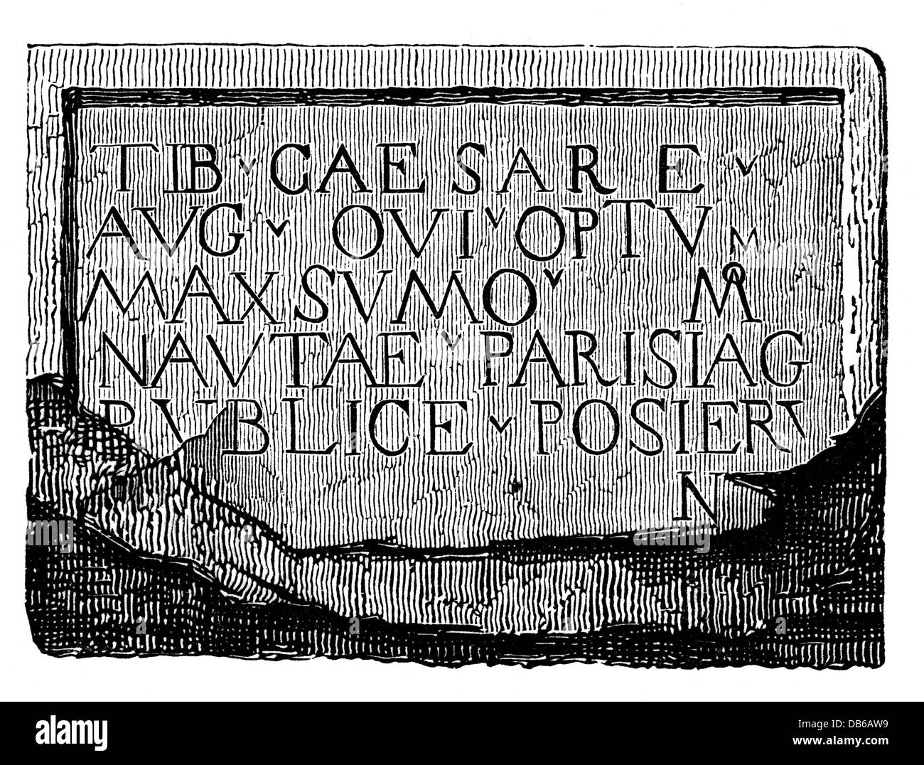 Antike Welt, Römisches Reich, Handel, Altar der Parisi Nauten, Zeit des Empero Tiberius (reg. 14 - 37), Inschrift, Holzstich, 19. Jahrhundert, Antike, Provinz Gallien, Kaufleute, Zunft, Religion, lateinische Schrift, Frankreich, 1. Jahrhundert, historisch, historisch, antike Welt, Zusatzrechte-Clearenzen-nicht vorhanden Stockfoto