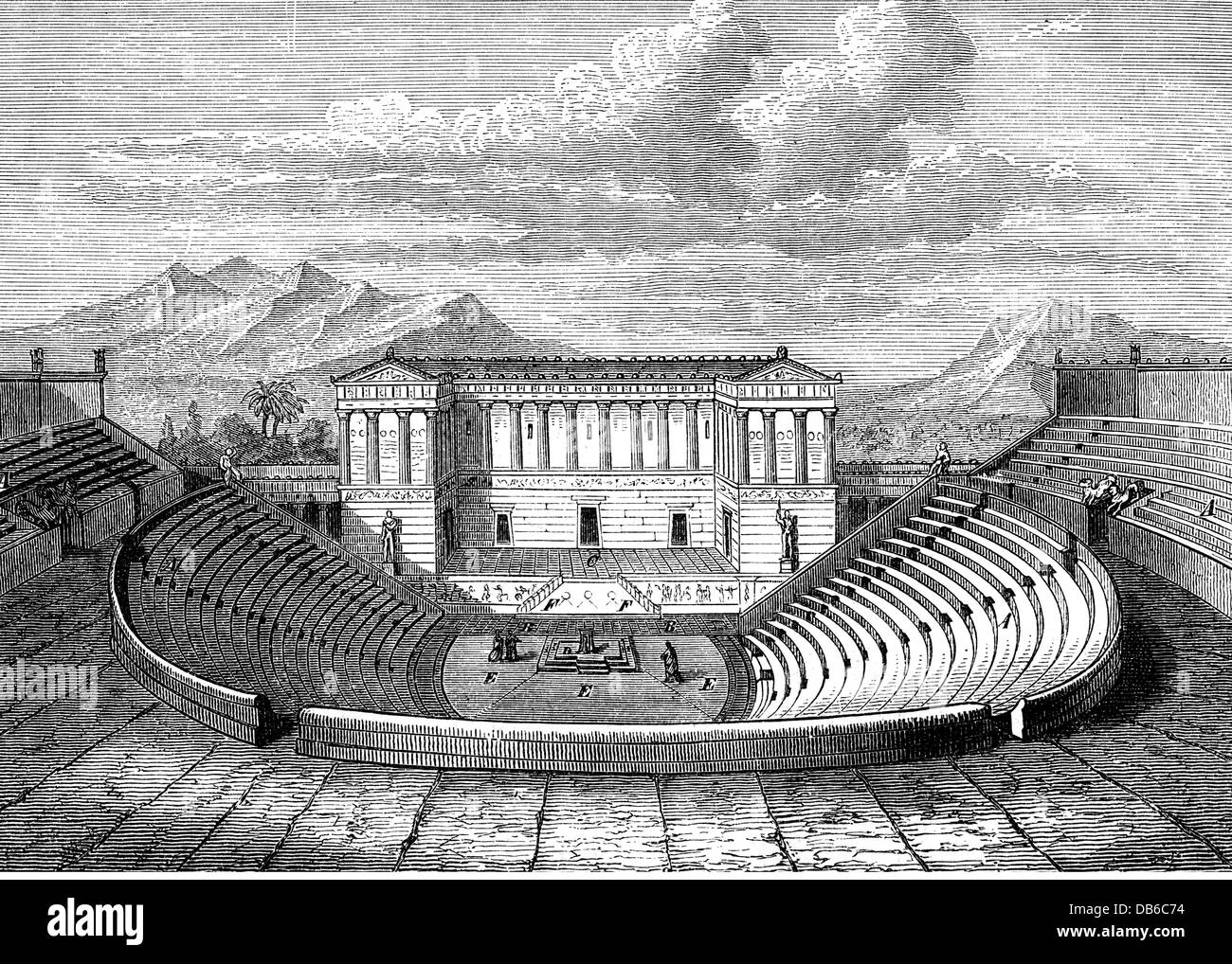 Geographie / Reisen, Italien, Insel, Sizilien, Segesta, Theater, erbaut im 3./2. Jahrhundert v. Chr., Ansicht, Rekonstruktion, Holzstich, 19. Jahrhundert, Magna Graecia, Greater Greece, Cavea, Orchester, Bühne, Antike Welt, Antike Zeiten, griechische Architektur, Europa, Südeuropa, historisch, historisch, historische, antike Welt, Menschen, Additional-Rights-Clearences-nicht verfügbar Stockfoto