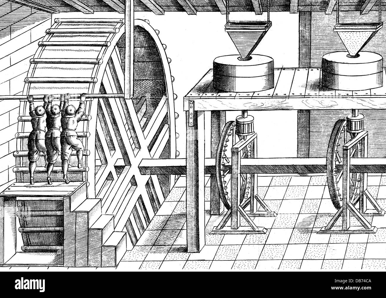 Energie, Laufrad, Antrieb einer Mühle durch Laufrad, Gravur, aus: 'Machinae Novae', 16. Jahrhundert, zusätzliche-Rechte-Freizeichen-nicht vorhanden Stockfoto