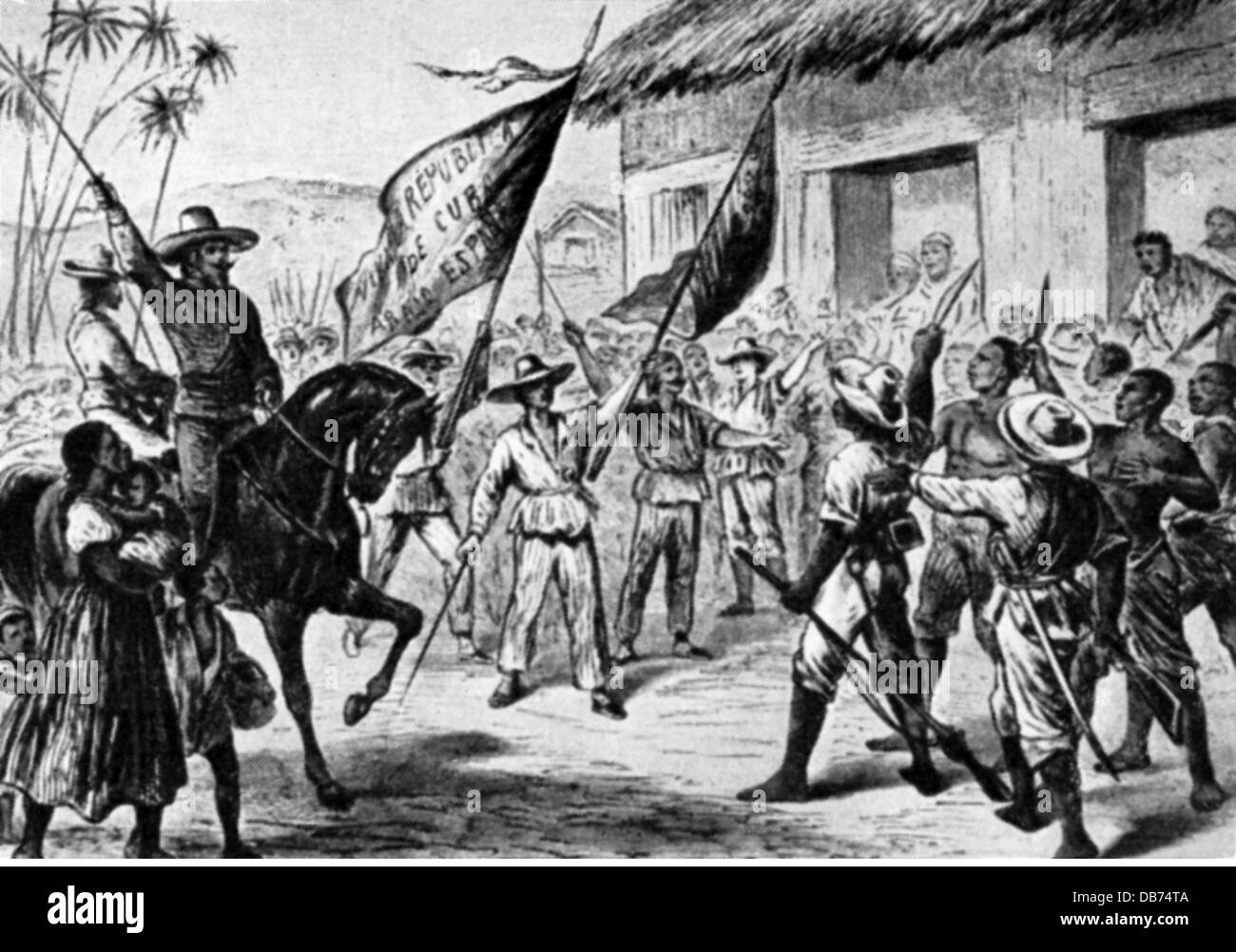 Zehn Jahre Krieg 1868 - 1878, Erklärung der Unabhängigkeit Kubas von Carlos Manuel de Cespedes, Manzanillo, 10.10.1868, Holzstich, 1869, Revolution, Revolutionen, Aufstand, Rebellion, Aufstände, Aufstände, Aufstände, Aufstände, Aufstände, Aufstände, Aufständische, Rebellen, Aufständische, Aufständische, Aufstände, Kolonialkrieg, Spanien, Guerra Larga, Kubaner, 19. Jahrhundert, historisch, historisch, Menschen-zusätzliche-Rechte nicht verfügbar Stockfoto