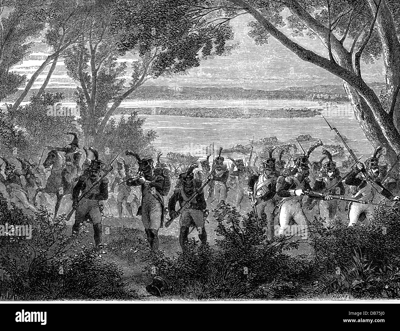 5. Koalitionskrieg 1809, Schlacht bei Aspern, 21. / 22.5.1809, Französische Infanterie auf der Insel Lobau, 21.5.1809, Holzstich, 2. Hälfte 19. Jahrhundert, Soldaten, Soldat, Frankreich, 5., 5., 5., Krieg, Kriege, Österreich, Essling, Donau, Napoleonische Kriege, historisch, historisch, Menschen, Zusatzrechte-Clearences-nicht vorhanden Stockfoto