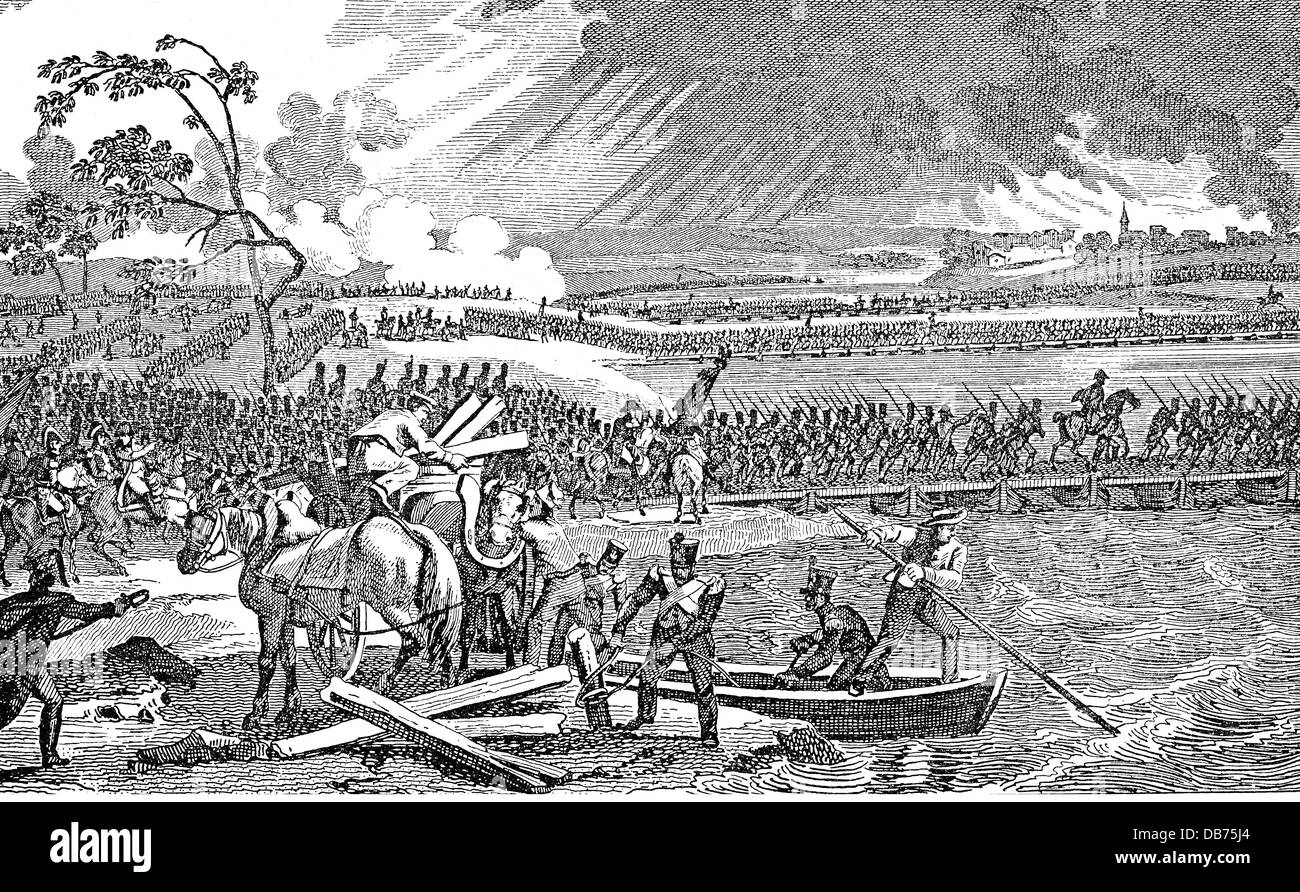 5. Koalitionskrieg 1809, Schlacht bei Aspern, 21. / 22.5.1809, die Franzosen über die Donau auf der Insel Lobau, 21.5.1809, Holzstich, 2. Hälfte 19. Jahrhundert, Soldaten, Soldat, Frankreich, 5., 5., 5., Krieg, Kriege, Österreich, Essling, Fluss, Ponton-Brücke, Napoleonische Kriege, historisch, historisch, Menschen, Zusatzrechte-Clearences-nicht vorhanden Stockfoto