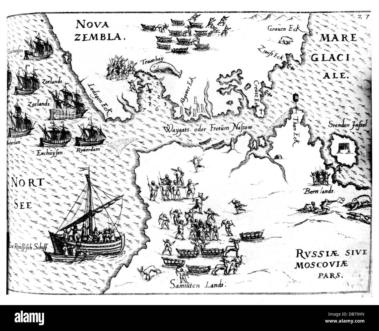 Barents, Willem, circa 1550 - 20.6.1597, Niederländische navigator, zweite Arktischen Expedition 1595, Schiffe vor Kara Strait, Kupferstich, "Die drei Reisen von Willem Barents in den arktischen Regionen 1594, 1595 und 1596" von Gerrit de Veer, 1598, Artist's Urheberrecht nicht gelöscht werden Stockfoto