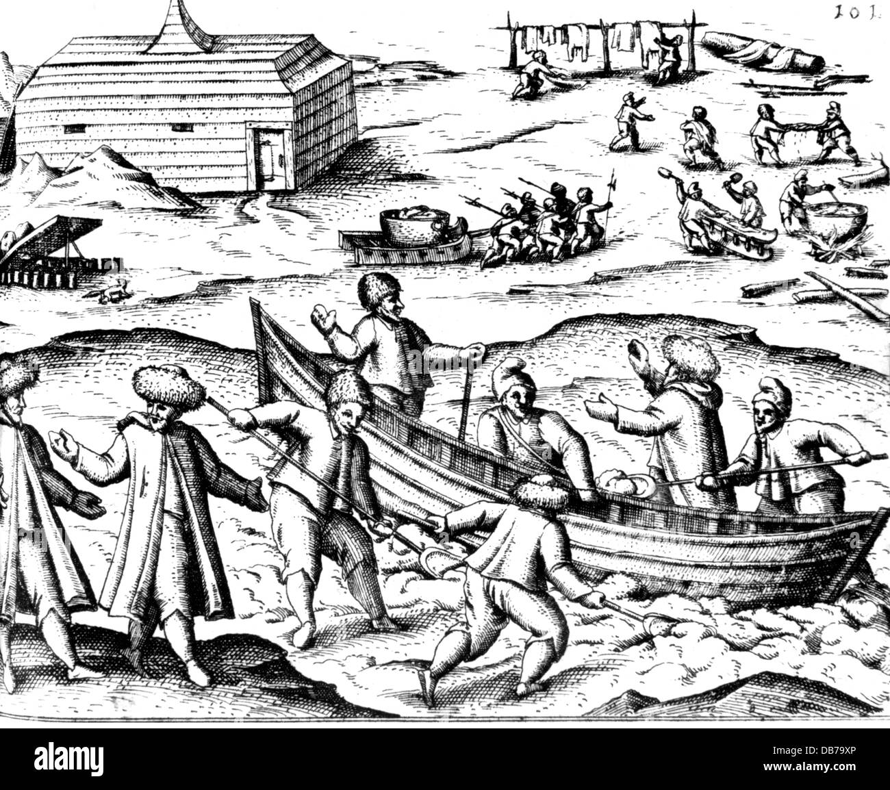 Barents, Willem, circa 1550 - 20.6.1597, Niederländische navigator, dritte Arctic Expedition 1596 - 1597, Gebäude auf ein Lager auf Nowaja Semlja, Kupferstich, "Die drei Reisen von Willem Barents in den arktischen Regionen 1594, 1595 und 1596" von Gerrit de Veer, 1598, Artist's Urheberrecht nicht gelöscht werden Stockfoto