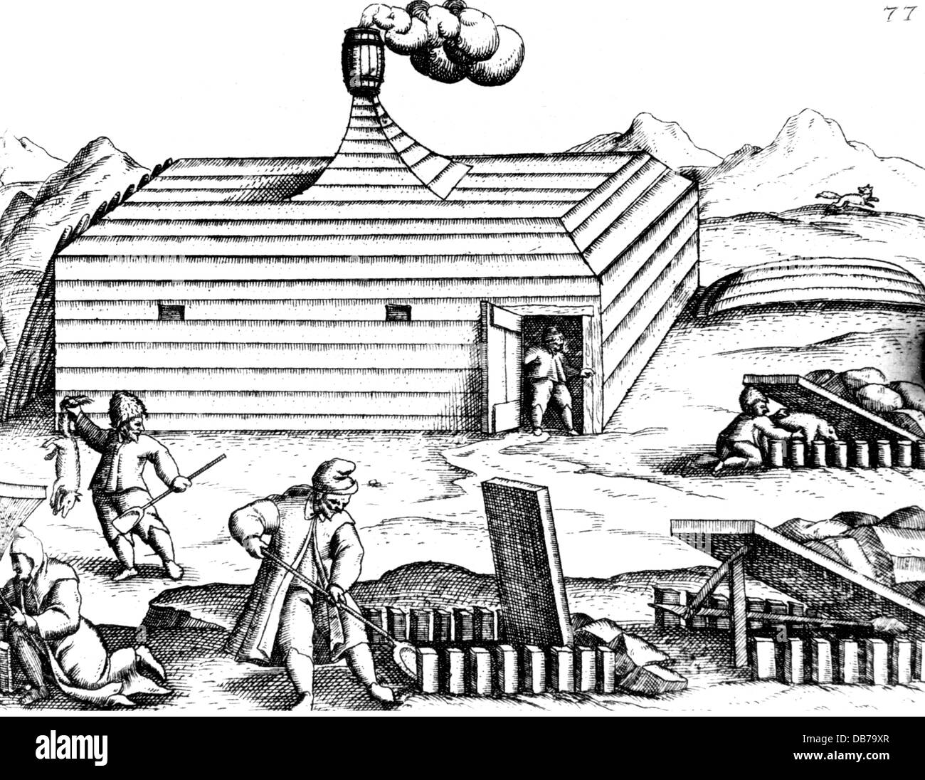 Barents, Willem, circa 1550 - 20.6.1597, Niederländische navigator, dritte Arctic Expedition 1596 - 1597, überwintern auf Nowaja Semlja, Traps für artic Füchse, Kupferstich, "Die drei Reisen von Willem Barents in den arktischen Regionen 1594, 1595 und 1596" von Gerrit de Veer, 1598, Artist's Urheberrecht nicht gelöscht werden Stockfoto