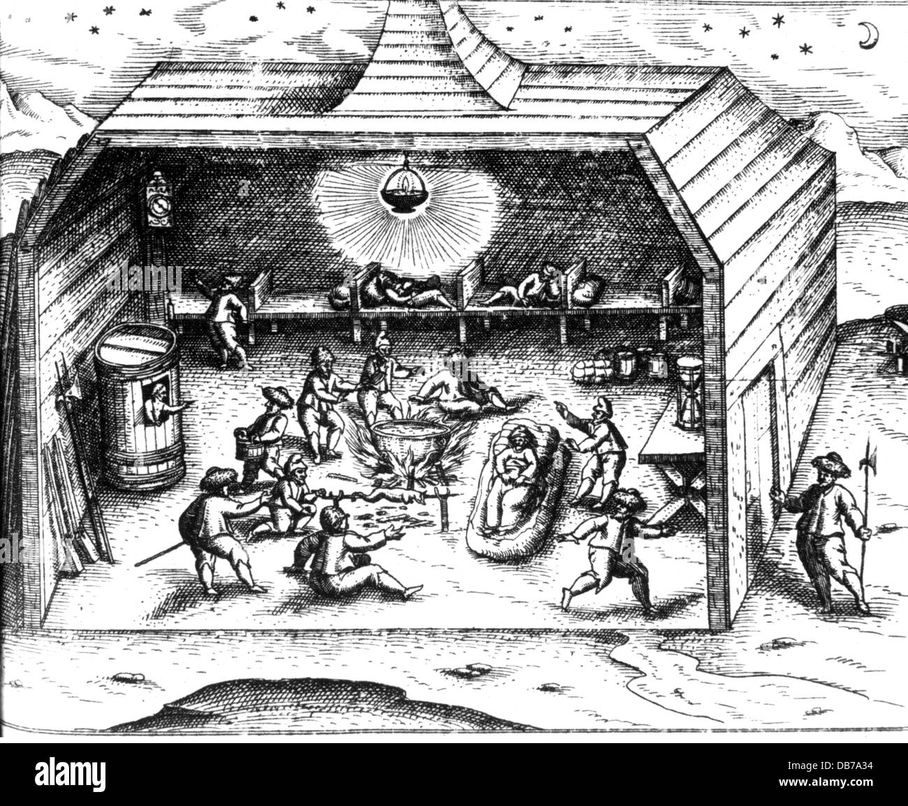 Barents, Willem, circa 1550 - 20.6.1597, Niederländische navigator, dritte Arctic Expedition 1596 - 1597, überwintern auf Nowaja Semlja, in der Hütte, 15.9.1596, Kupferstich, "Die drei Reisen von Willem Barents in den arktischen Regionen 1594, 1595 und 1596" von Gerrit de Veer, 1598, Artist's Urheberrecht nicht geklärt zu werden. Stockfoto