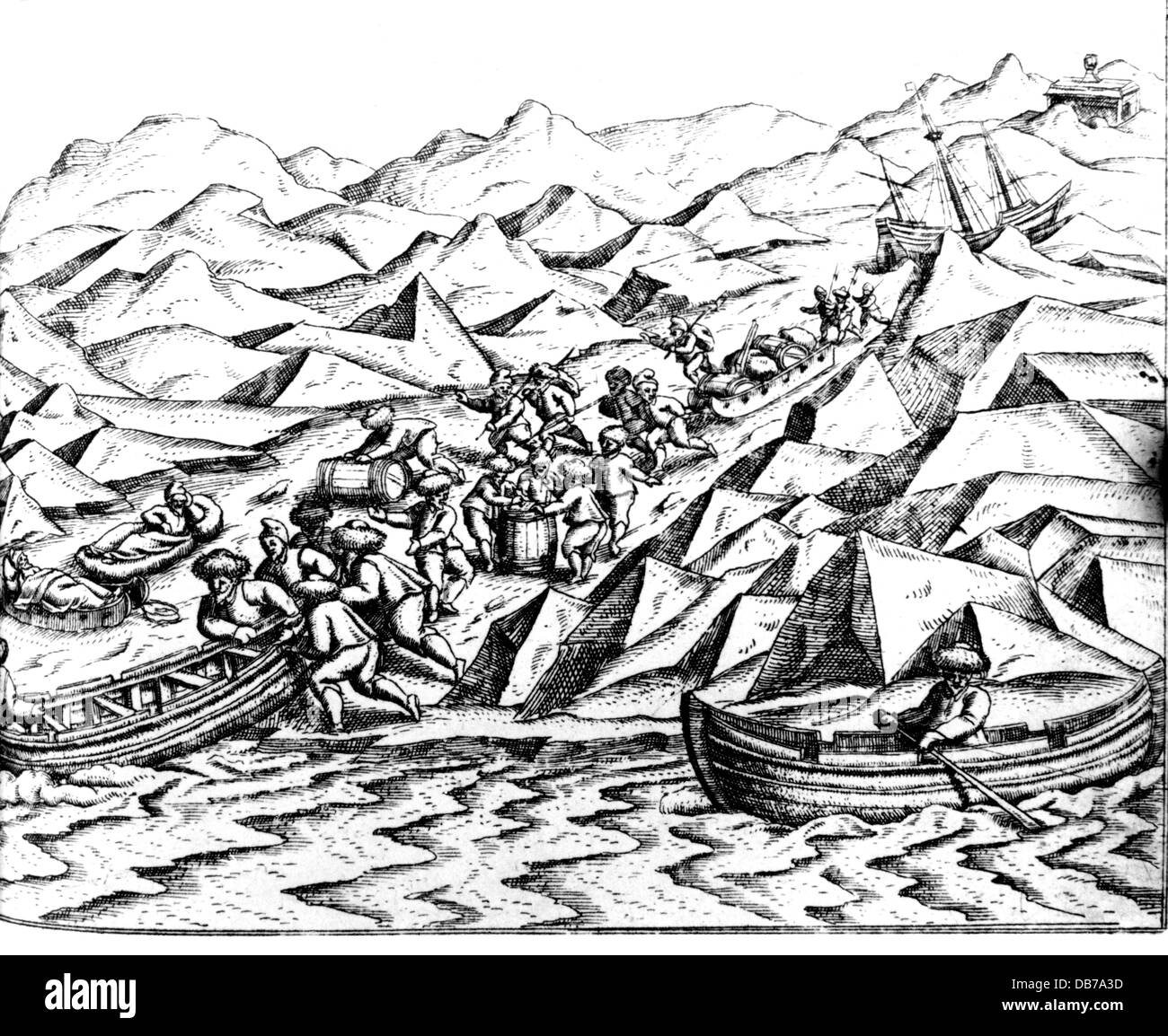 Barents, Willem, circa 1550 - 20.6.1597, Niederländische navigator, dritte Arctic Expedition 1596 - 1597, Return, die Boote sind bewässert, Nowaja Semlja, Frühling 1596, Kupferstich, "Die drei Reisen von Willem Barents in den arktischen Regionen 1594, 1595 und 1596" von Gerrit de Veer, 1598, Artist's Urheberrecht nicht gelöscht werden Stockfoto