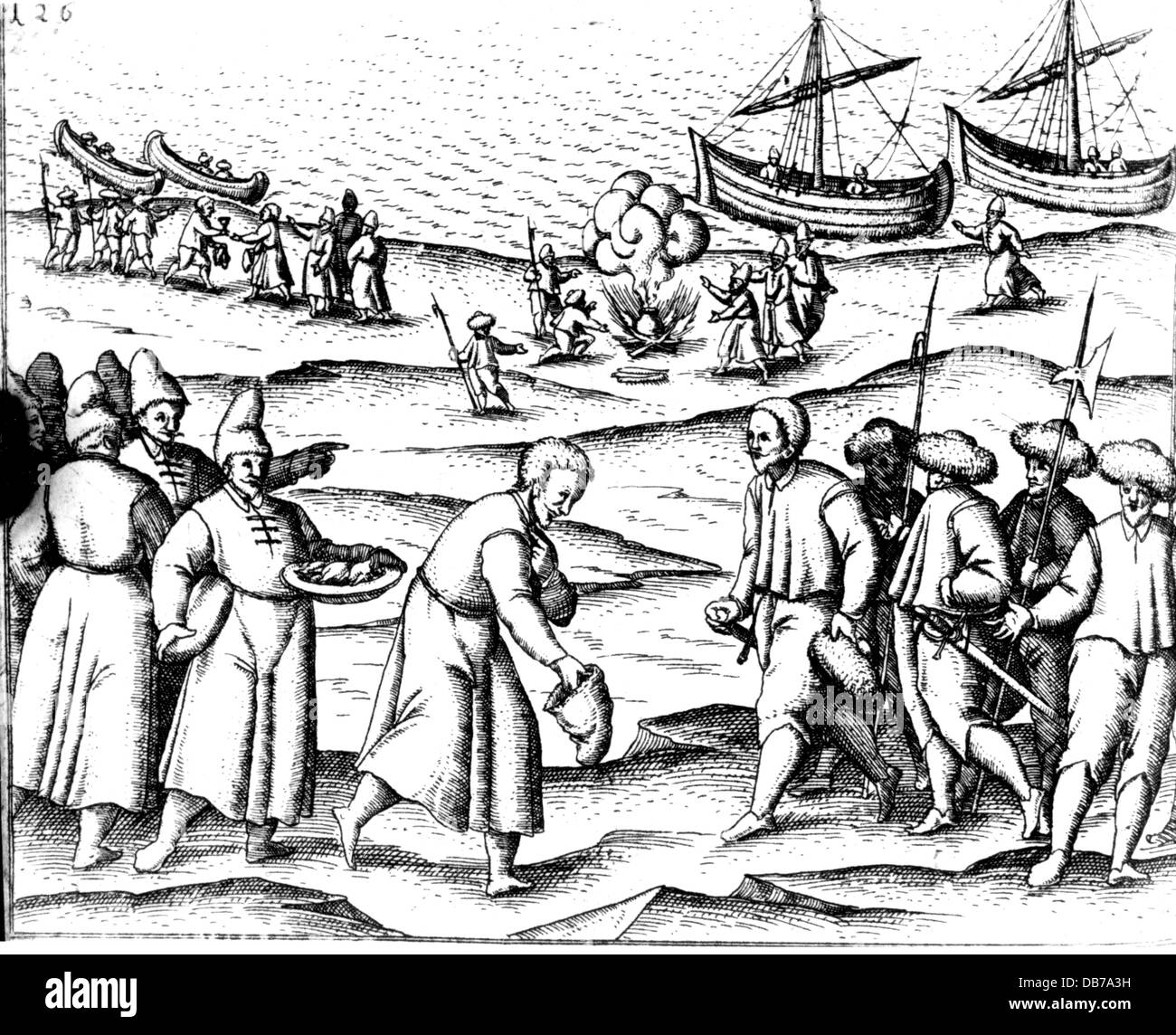 Barents, Willem, circa 1550 - 20.6.1597, Niederländische navigator, dritte Arctic Expedition 1596 - 1597, Konferenz Russen im Süden von Nowaja Semlja, Frühling 1596, Kupferstich, "Die drei Reisen von Willem Barents in den arktischen Regionen 1594, 1595 und 1596" von Gerrit de Veer, 1598, Artist's Urheberrecht nicht gelöscht werden Stockfoto