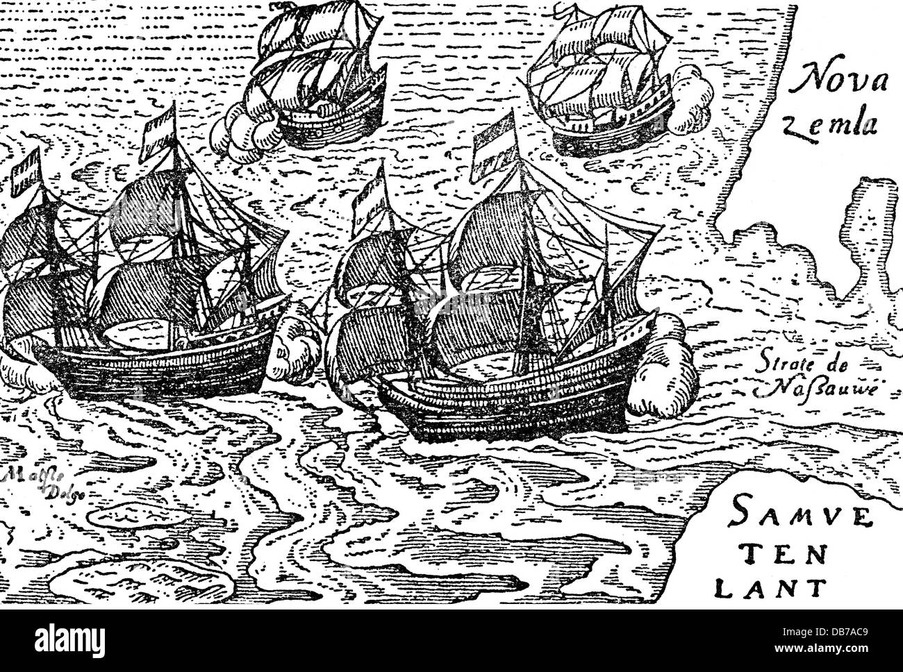 Barents, Willem, circa 1550 - 20.6.1597, Niederländische navigator, zweite Arktischen Expedition 1595, Schiffe vor Kara Strait, Kupferstich, "Die drei Reisen von Willem Barents in den arktischen Regionen 1594, 1595 und 1596" von Gerrit de Veer, 1598, Artist's Urheberrecht nicht gelöscht werden Stockfoto