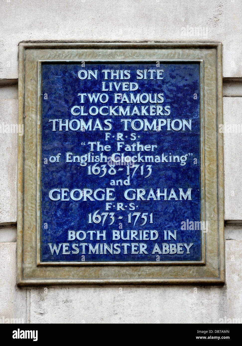 London, England, Vereinigtes Königreich. Gedenktafel an Whitefriars Street, EG4. Heimat der Uhrmacher Thomas Tompion und George Graham Stockfoto