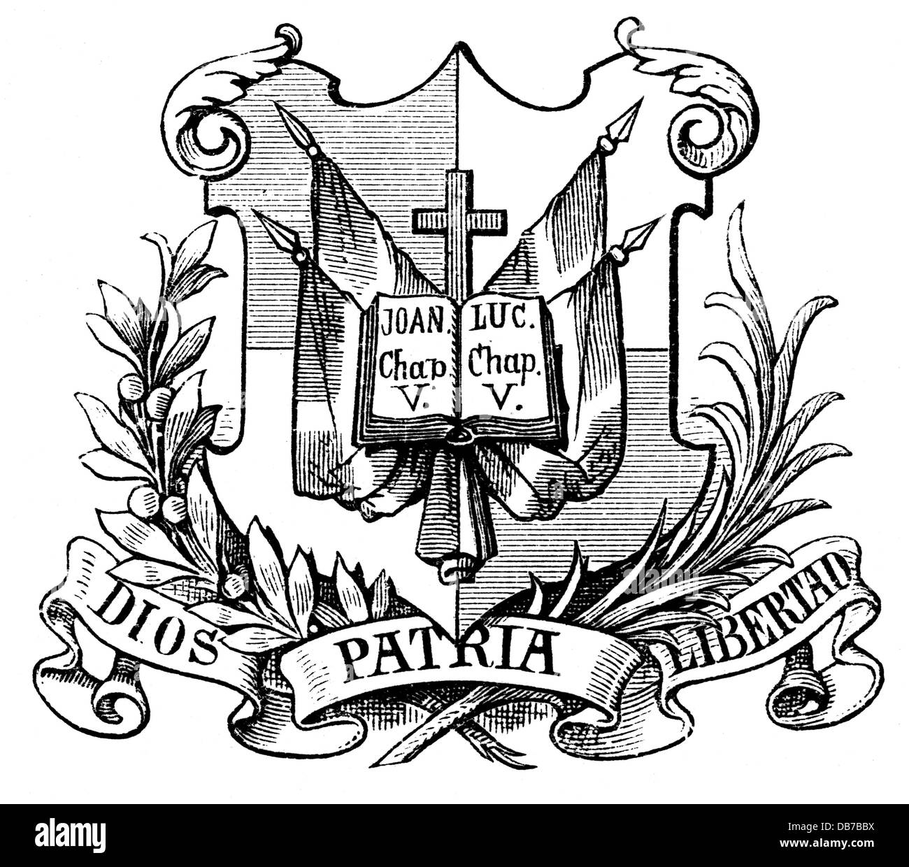 Heraldik, Wappen, Dominikanische Republik, Staatswappen, Holzstich, 1893, Zusatz-Rechte-Clearenzen-nicht vorhanden Stockfoto