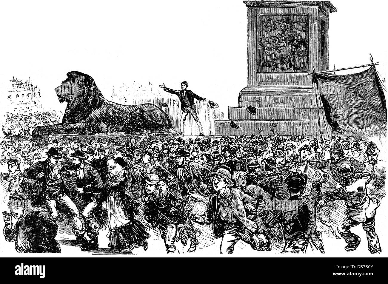 Politik, Arbeiterbewegung, Aufbrechen einer Versammlung am Trafalgar Square, London, um 1885, Zusatzrechte-Clearences-nicht vorhanden Stockfoto