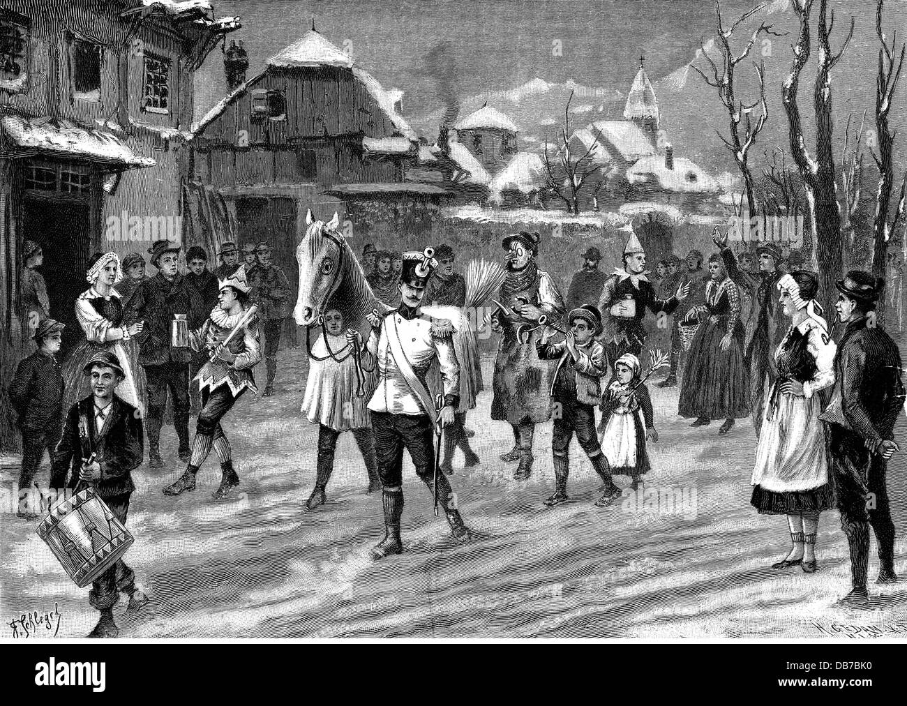 Festlichkeiten, Karneval, Schuhlaufen des Karnevalspferdes, Gaistal, nach Zeichnung, von F.Schlegel, Holzstich, von H.Gedan, 1886, Zusatz-Rechte-Clearenzen-nicht vorhanden Stockfoto