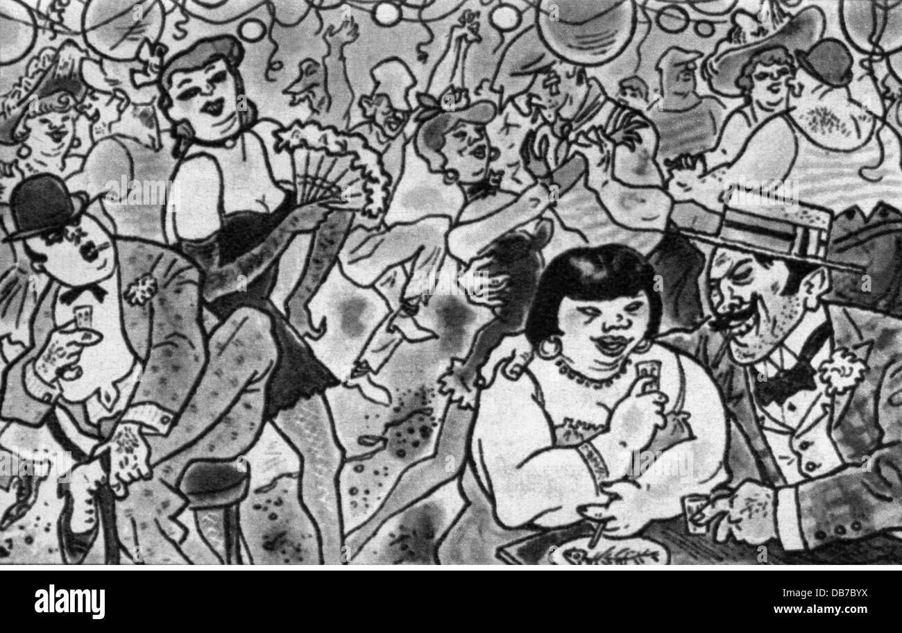 Festlichkeiten, Karneval, 'Ganovenball 1909 - 1959' (Schlägerball 1909 - 1959), Zeichnungen, von Josef Sauer (1893 - 1967), aus: 'Simplicissimus', München, um 1959, Additional-Rights-Clearences-not available Stockfoto