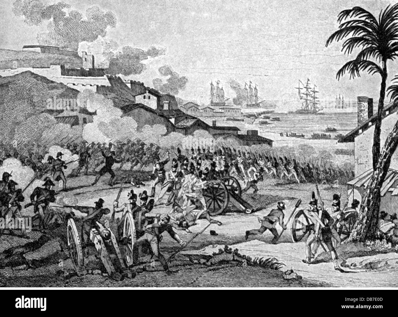 Krieg der ersten Koalition 1792-1797, Schlacht von Leogane, Haiti, 22.12.1795, zwischen französischer und britischer, zeitgenössischer Kupferstich von Couche, Karibik, Amerika, Großbritannien, Frankreich, französische Revolutionäre Kriege, Hispaniola, französische Kolonie, 18. Jahrhundert, historische, historische, Personen, Artist's Urheberrecht nicht gelöscht werden Stockfoto
