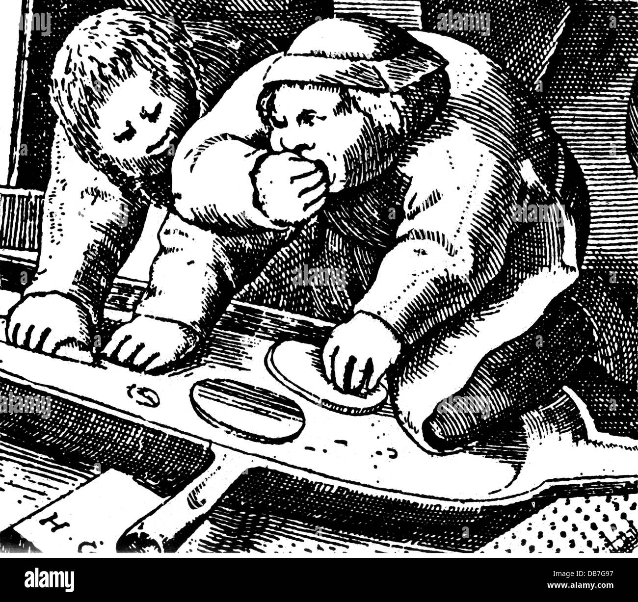 Gastronomie, Verpflegung, "Die fette Küche', nach Pieter Brueghel der Ältere (ca. 1525 - 1569), Kupferstich, von Peter van der Heyden, Detail, 1563, Artist's Urheberrecht nicht geklärt zu werden. Stockfoto