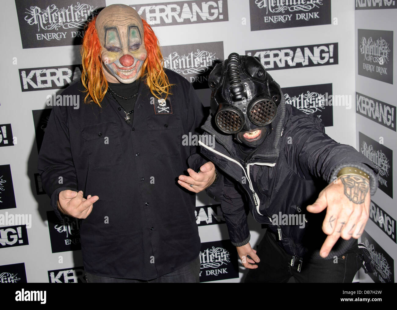 Clown und Sid von Slipknot kommen für den Kerrang! Preise 2013, London, Donnerstag, Juni. 13, 2013. Stockfoto
