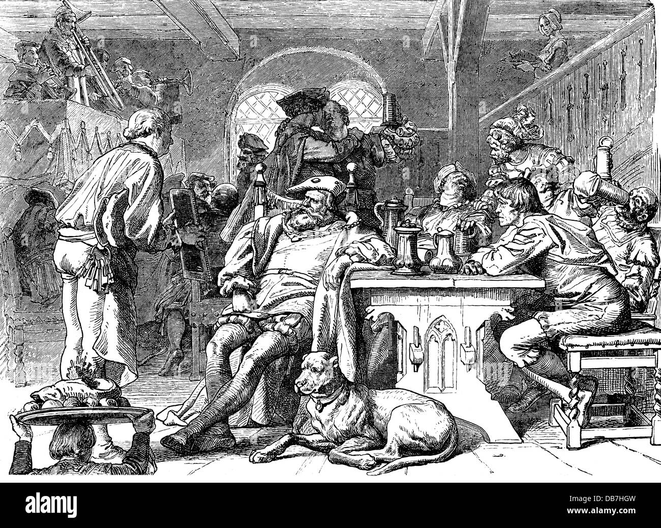 Gastronomie, Gasthäuser, Szene in einer Taverne, Illustration zu 'die Lieder vom Rodenstein', von Joseph Victor von Scheffel (1826 - 1886), Holzstich, 19. Jahrhundert, Zusatzrechte-Freienzen-nicht vorhanden Stockfoto