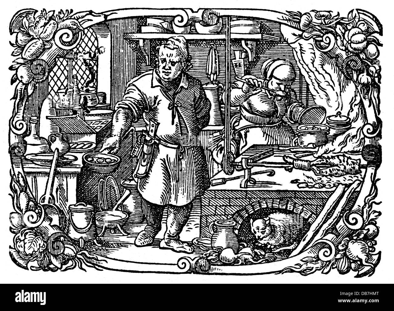 Gastronomie, Koch, Köchin, Holzschnitt, aus: Max Rumpoldt, 'ein neues Kochbuch', Einband, Frankfurt, 1587, Zusatz-Rechteklärung-nicht vorhanden Stockfoto