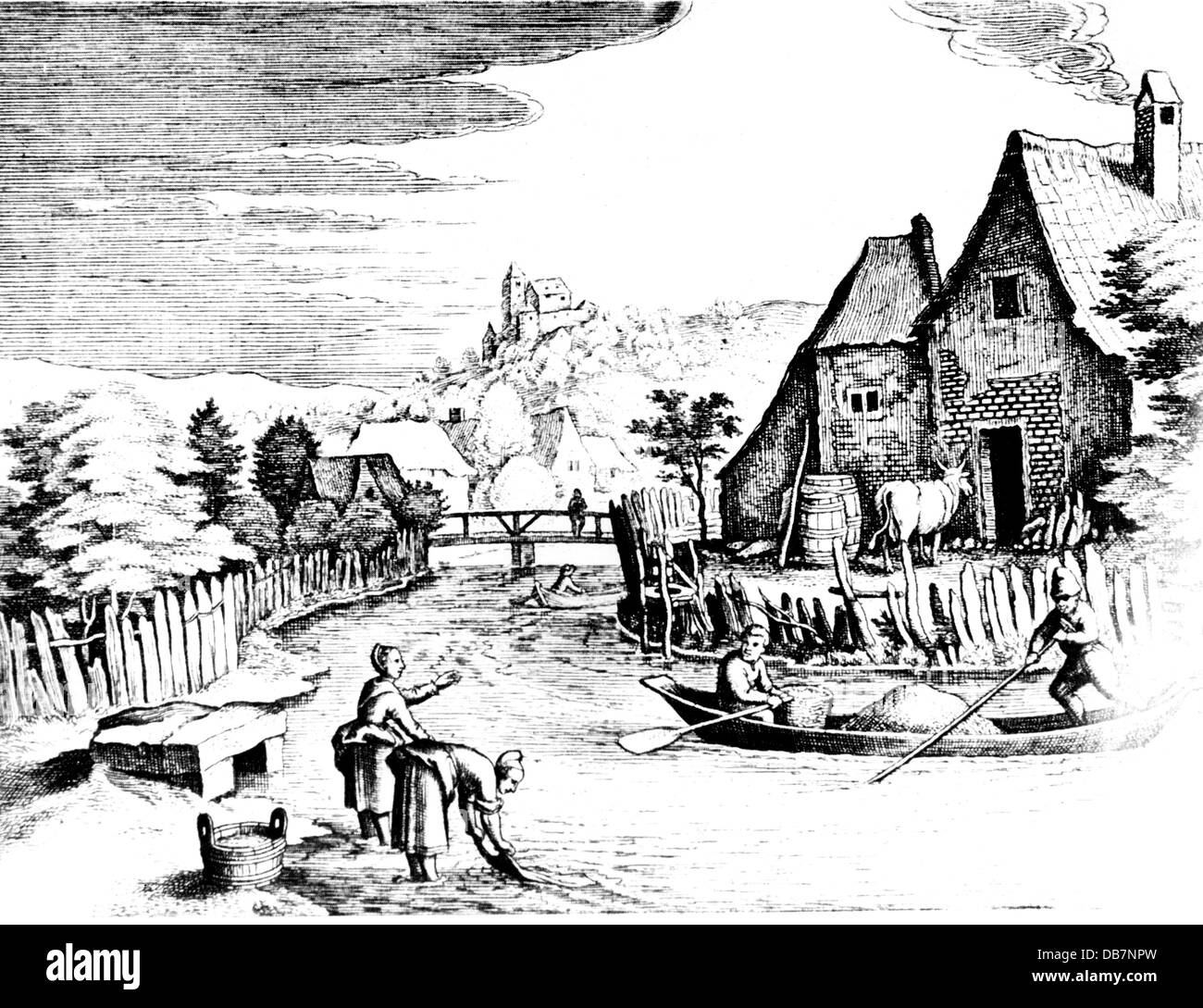 Haushalt, waschen, Wäsche am Fluss, von Matthäus Merian der Ältere (1593 - 1650), Kupferstich, Straßburg, 1620, Artist's Urheberrecht nicht geklärt zu werden. Stockfoto