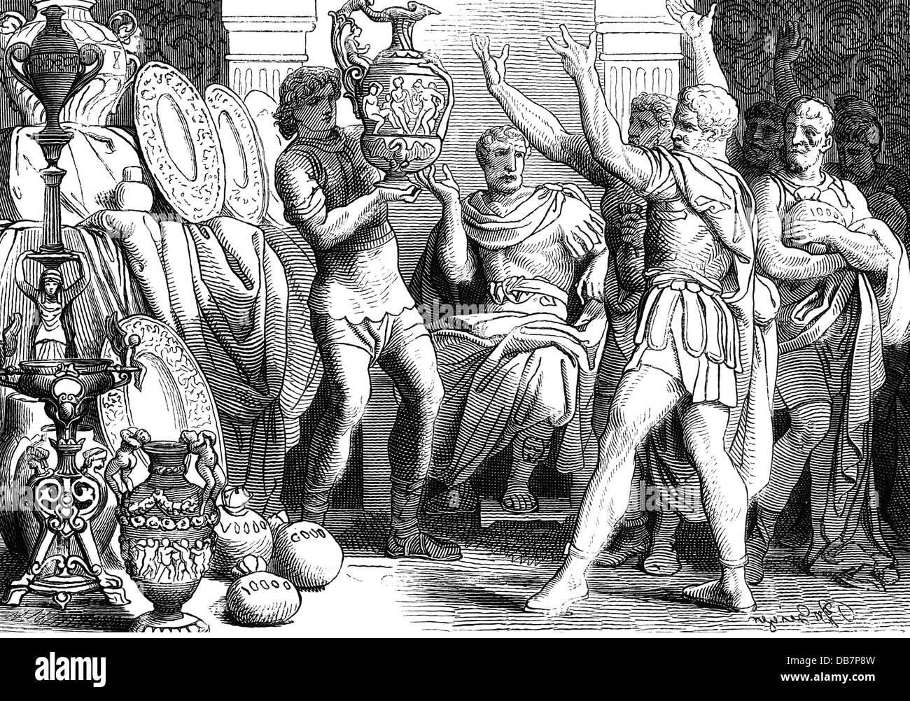 Marcus Aurelius Antoninus, 26.4.121 - 17.3.180, römischer Kaiser 7.3.161 - 17.3.180, der das Inventar seines Palastes versteigern ließ, Rom, ca. 175, Holzgravur, 19. Jahrhundert, Stockfoto