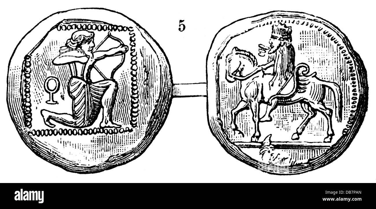 Geld / Finanzen, Münzen, Antike Welt, Persien, Satrap-Münze, Silber, 5. - 4. Jahrhundert v. Chr., Holzstich, 1816, Zusatzrechte-Abwertungen-nicht vorhanden Stockfoto