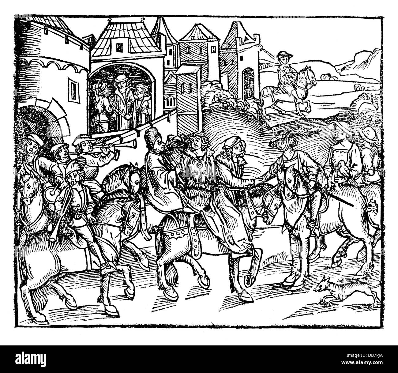 Friedrich I. "Barbarossas", ca. 1123 - 10.6.1190, Heiliger römischer Kaiser 18.6.1155 - 10.6.1190, auf Pferd, Holzschnitt, "ein schoene unnd warhaffte Beschreibung des Lebewohls unnd der Geschichte Keyser Fridrichs des ersten genant Barbarossas", gedruckt von Johannes Adelphus, 1535 von Grueninger, Strassbourg, 1535, 1535 Stockfoto