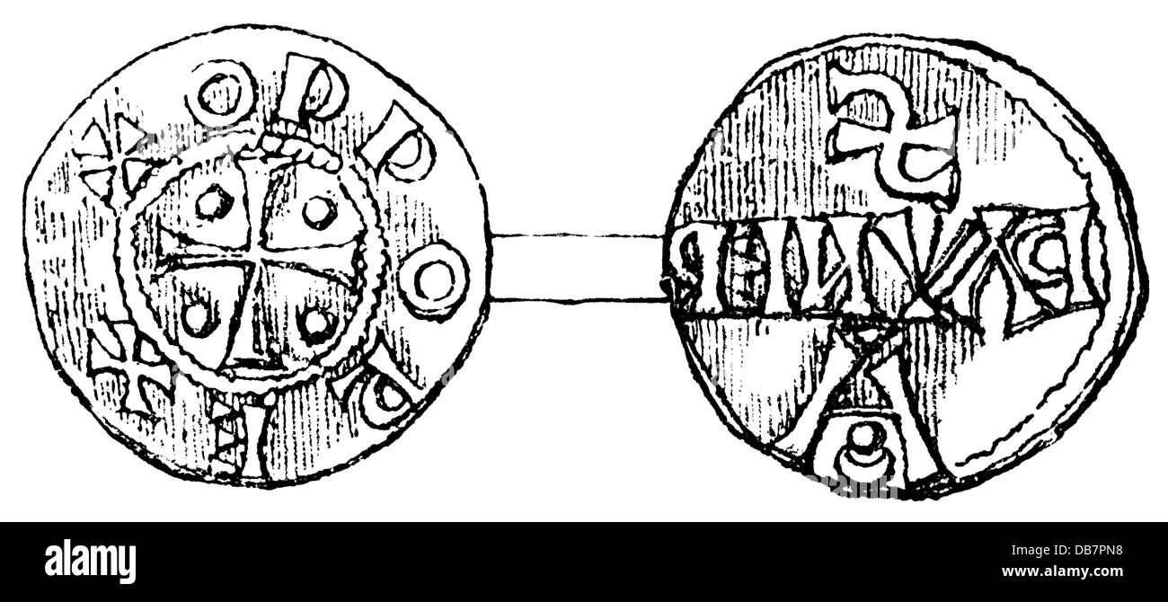 Geld / Finanzen, Münzen, Deutschland, Münzen, von Kaiser Otto I., 10. Jahrhundert, Holzstich, nach Cappe, 19. Jahrhundert, 10. Jahrhundert, Mittelalter, Mittelalter, Numismatik, Heiliges Römisches Reich, Ostfranken, Ostfranken, Königreich der Ostfranken, Ostfränkisches Reich, Liudolfings, Ottonsche Dynastie, Otton, Ottonians, Otto I., Otto der große, Inschrift, Epigraphien, Inschriften, Kreuz, Kreuze, Münzen, Kaiser, Kaiser, Kaiser, historisch, historisch, Zusatzrechte-Clearenzen-nicht vorhanden Stockfoto