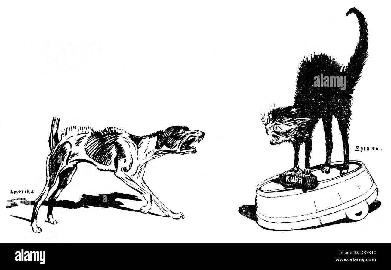 Spanisch-amerikanischer Krieg 1898, Karikatur, USA und Spanien wie Hund und Katze, 'wie wird das Bild im nächsten Moment aussehen?', Zeichnung, 'Kladderadatsch', Berlin, 1898, Additional-Rights-Clearences-not available Stockfoto
