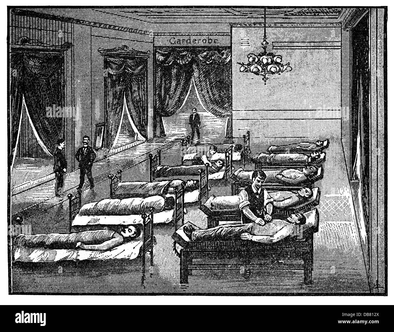 Medizin, Krankenhäuser, Bilz Naturheilkunde-Krankenhaus, Lössnitz catle, Dresden-Radebeul, Raum für medizinische Pakete für Männer, Holzstich, aus: Friedrich Eduard Bilz, Neue Naturheilkunde-Behandlung, Leipzig, Deutschland, 1902, Zusatz-Rights-Clearences-not available Stockfoto