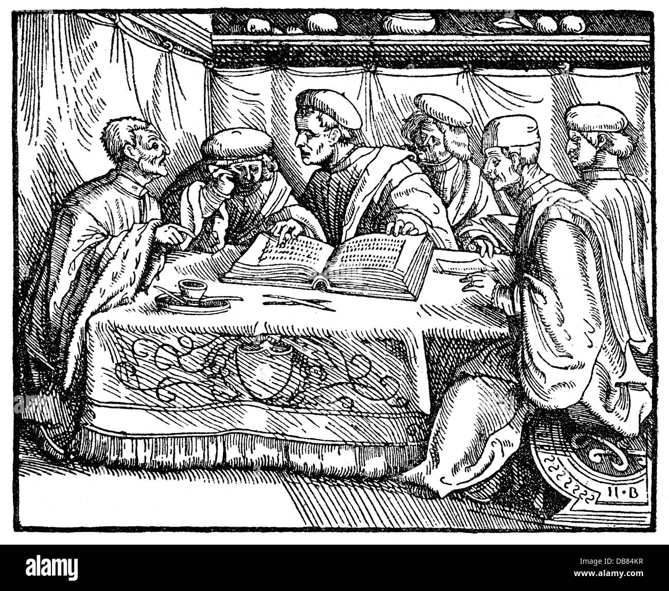 Justiz, Gerichtsszenen, Sitzung der Gelehrten Richter, Holzschnitt von Hans Burgkmair, 'Klagspiegel' (Constitutio Criminalis Carolina), 1532, Zusatzrechte-Clearences-nicht vorhanden Stockfoto