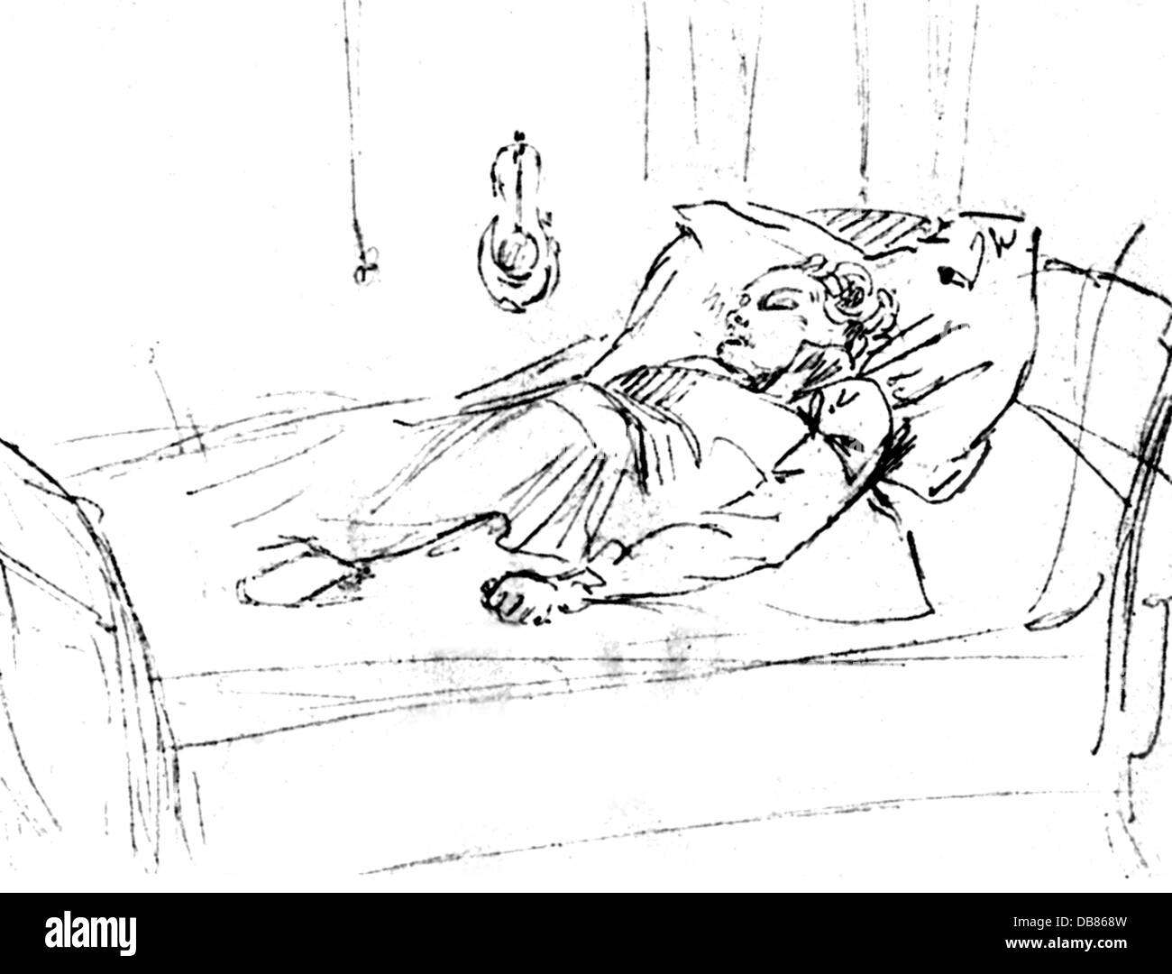 Beethoven, Ludwig van, 17.12. 1770 - 26.3.1827, deutscher Komponist, auf dem Sterbebett, Zeichnung von Josef Teltscher, Wien, Stockfoto