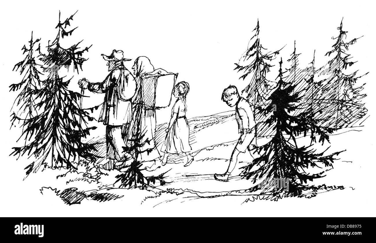 Literatur, Märchen, Gebrüder Grimm, Hänsel und Gretel, mit ihren Eltern im Wald, Zeichnung von Fritz Fischer (1911 - 1968), aus: 'Die schönsten Märchen der Brüder Grimm', , Zusatz-Rechteklärung-nicht verfügbar Stockfoto