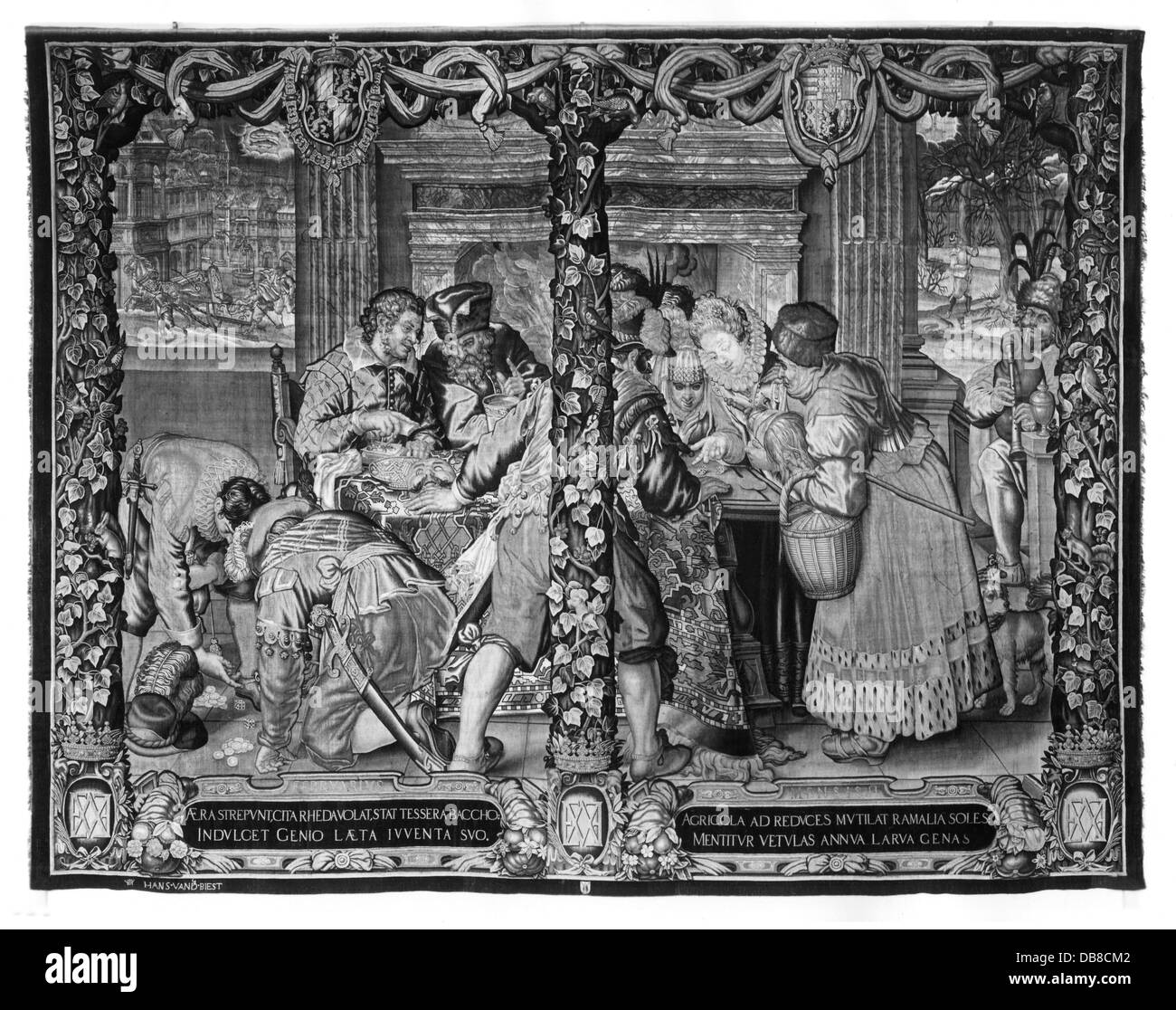 Allegorien, 'Februar', Wandteppich, Partyspiel, von Hans van der Biest, nach Entwurf von Peter Candid, Münchner Manufaktur, Deutschland, 1612 / 1615, Residenzmuseum, München, Deutschland, Zusatzrechte-Clearenzen-nicht vorhanden Stockfoto