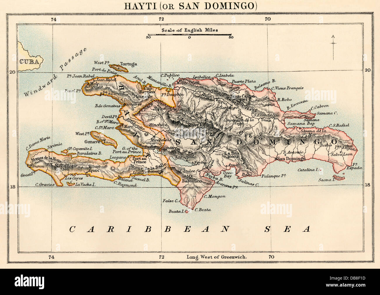 Karte von Hispaniola, einschließlich Haiti und Santo Domingo, 1870. Farblithographie Stockfoto