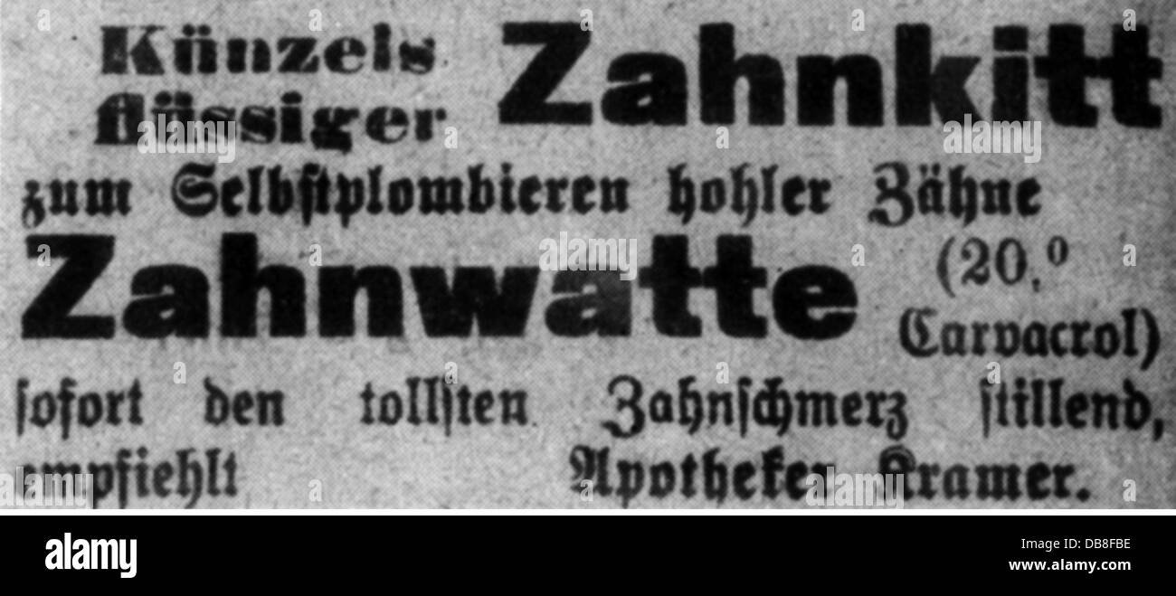 Werbung, Medizin, Werbung für 'Künzel' Zahnzement und saugfähige Baumwolle von Apotheker Kramer, aus: Leipziger Zeitung, Leipzig, 1904, Zusatz-Rechte-Clearenzen-nicht vorhanden Stockfoto