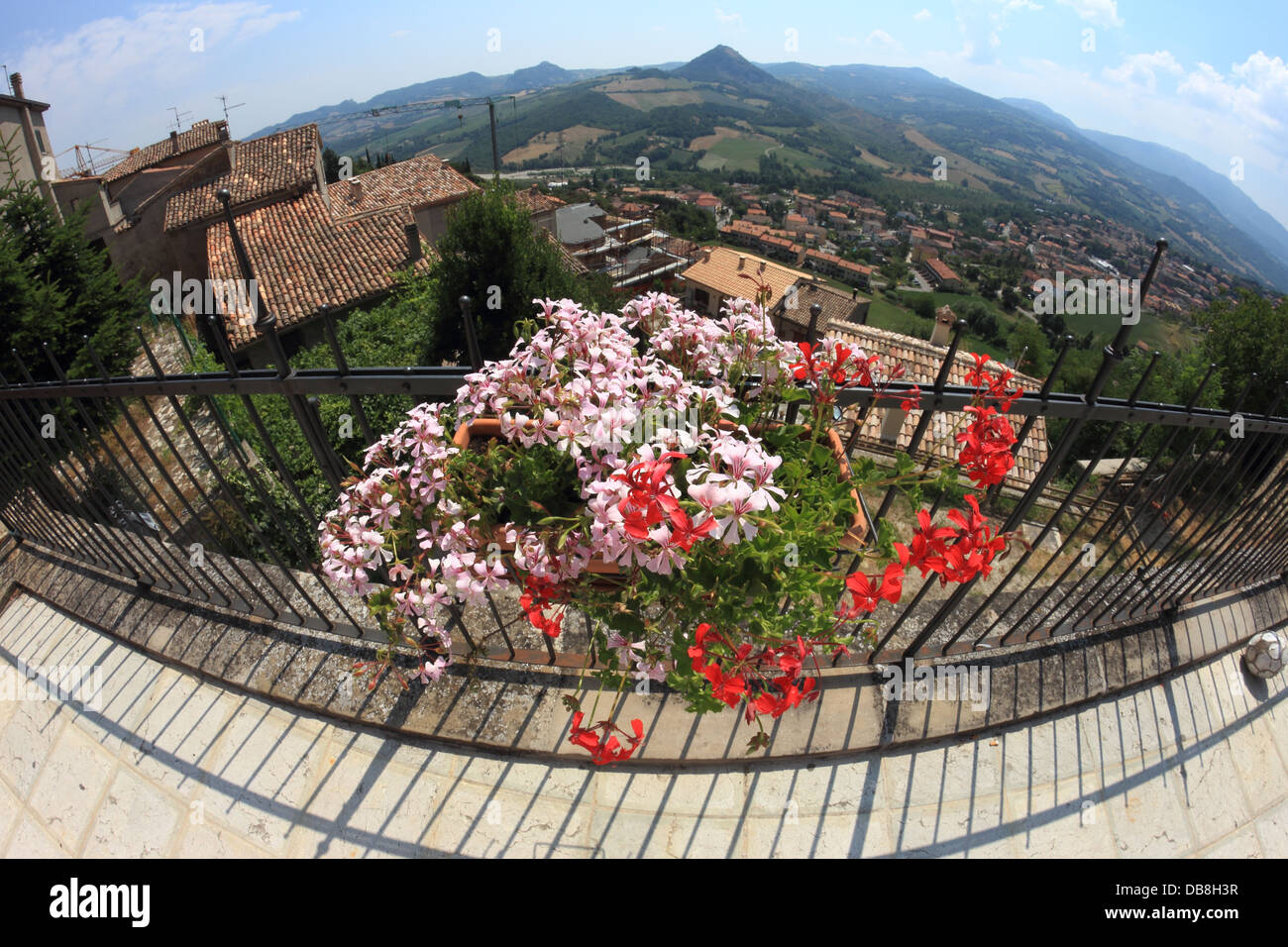 Blumen auf Balkon in einer Fisch-Auge Ansicht Talamello, Italien Stockfoto