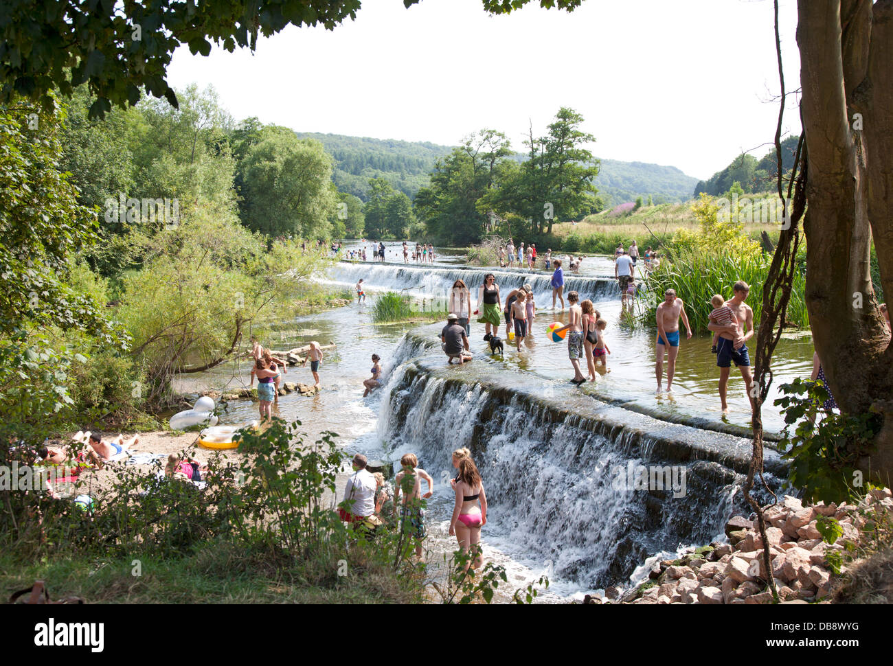 Baden und paddeln beim Warleigh Wehr am Fluss Avon in der Nähe von Bath, Somerset,U.K Stockfoto