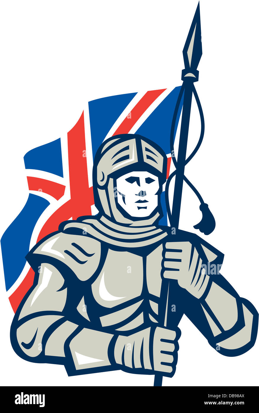 Darstellung der Ritter in voller Rüstung mit britischen Union Jack Flagge Vorderseite im retro-Stil auf isolierten weißen Hintergrund getan. Stockfoto