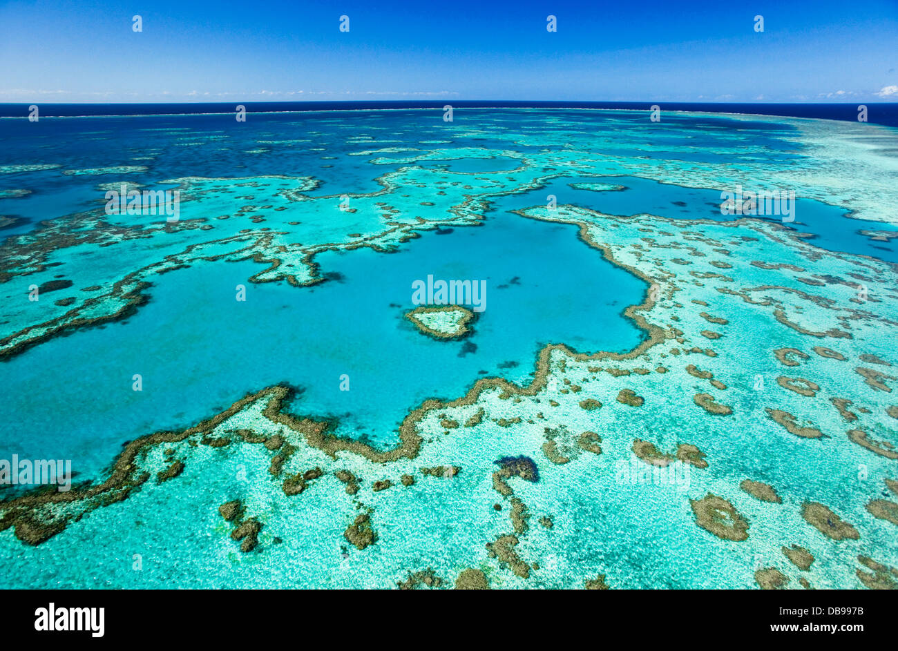 Luftaufnahme des "Heart Reef", eine herzförmige Korallenformationen im Hardys Reef. Great Barrier Reef Marine Park Stockfoto