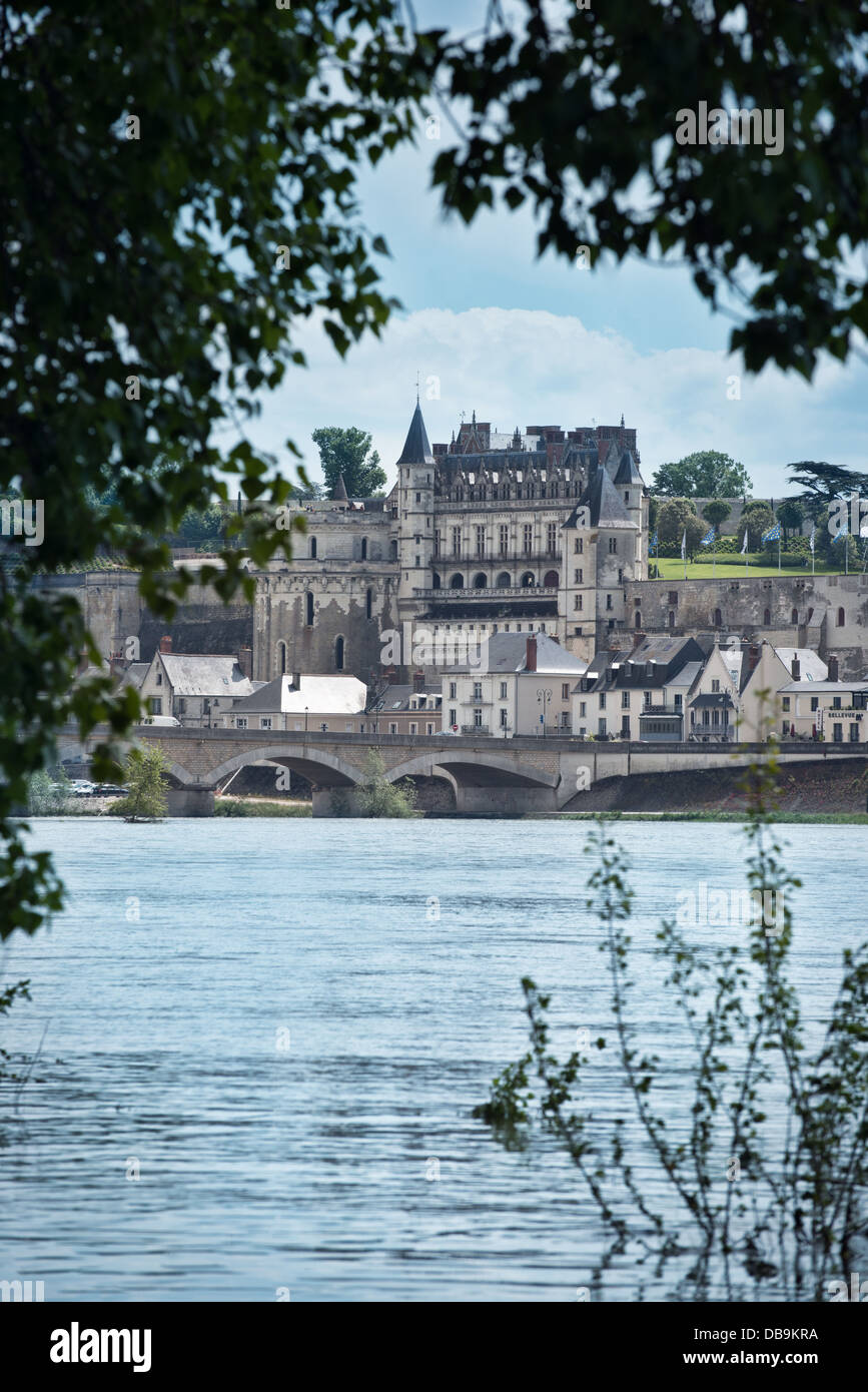 Ein Blick auf das Schloss, Brücke & Stadt von Amboise an der Loire, Frankreich aus über den Fluss Loire, umrahmt von Bäumen. Stockfoto